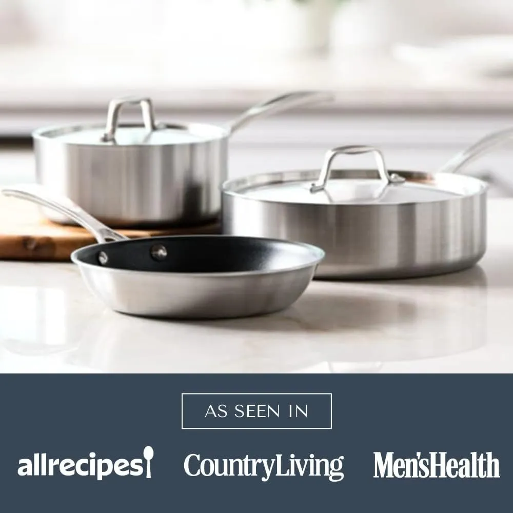 American Kitchen - Stainless Steel Cookware Set - 3 Pan Set with 2 Covers (5 Pieces), includes 8-inch Nonstick Fry Pan, 10-inch Saute Pan, 2-quart Saucepan, Perfect for Small Kitchens, Made In America