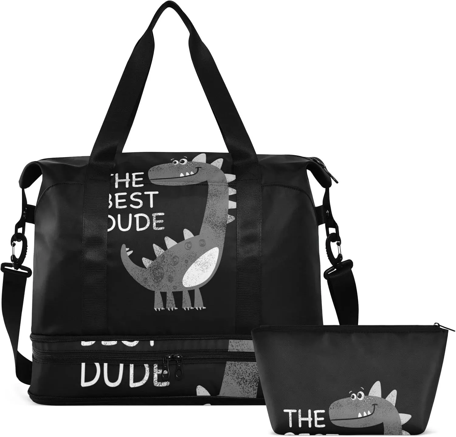 Animal Dinosaur The Best Dude on Black Dark Gym Duffel Bag, Polyester Travel Weekender Luggage Handbag with Waterproof Pocket for Wet Items, Unisex Foldable Tote for Sports