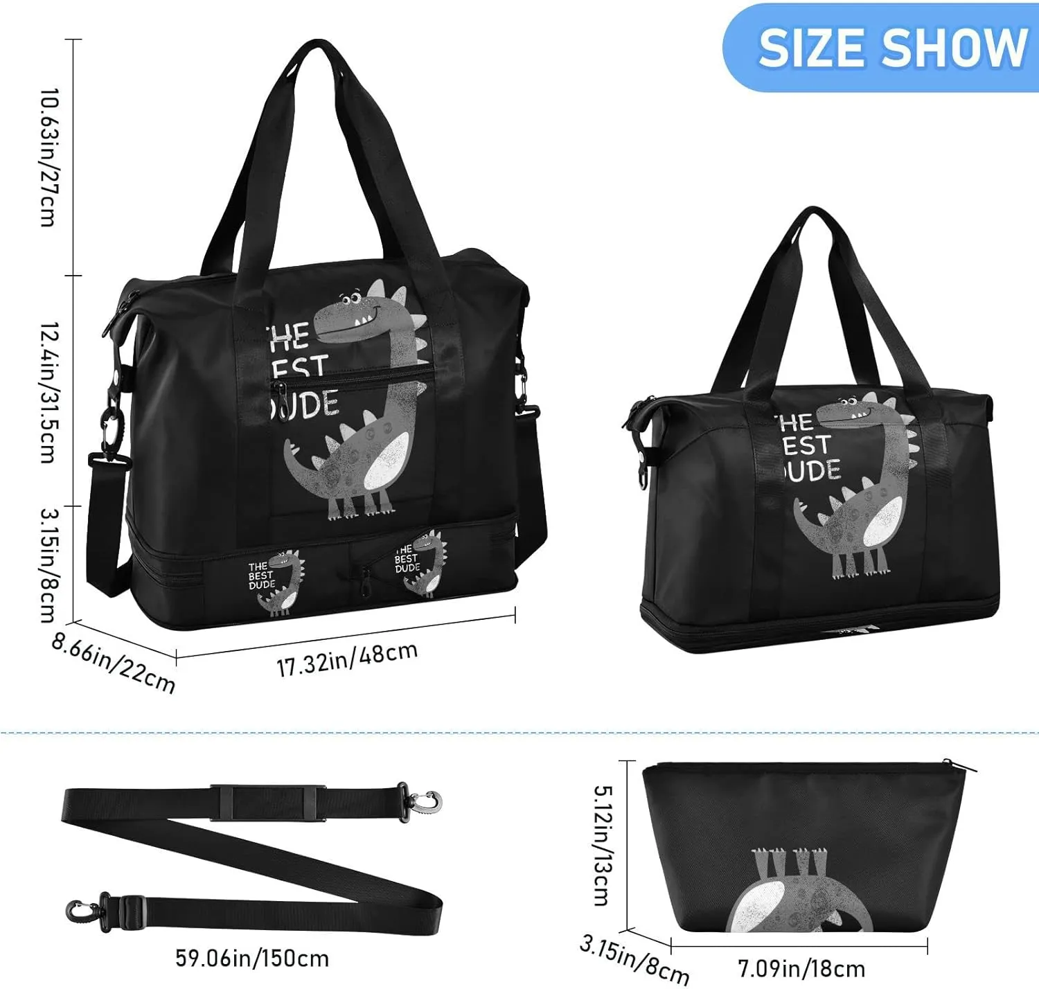 Animal Dinosaur The Best Dude on Black Dark Gym Duffel Bag, Polyester Travel Weekender Luggage Handbag with Waterproof Pocket for Wet Items, Unisex Foldable Tote for Sports