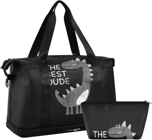 Animal Dinosaur The Best Dude on Black Dark Gym Duffel Bag, Polyester Travel Weekender Luggage Handbag with Waterproof Pocket for Wet Items, Unisex Foldable Tote for Sports