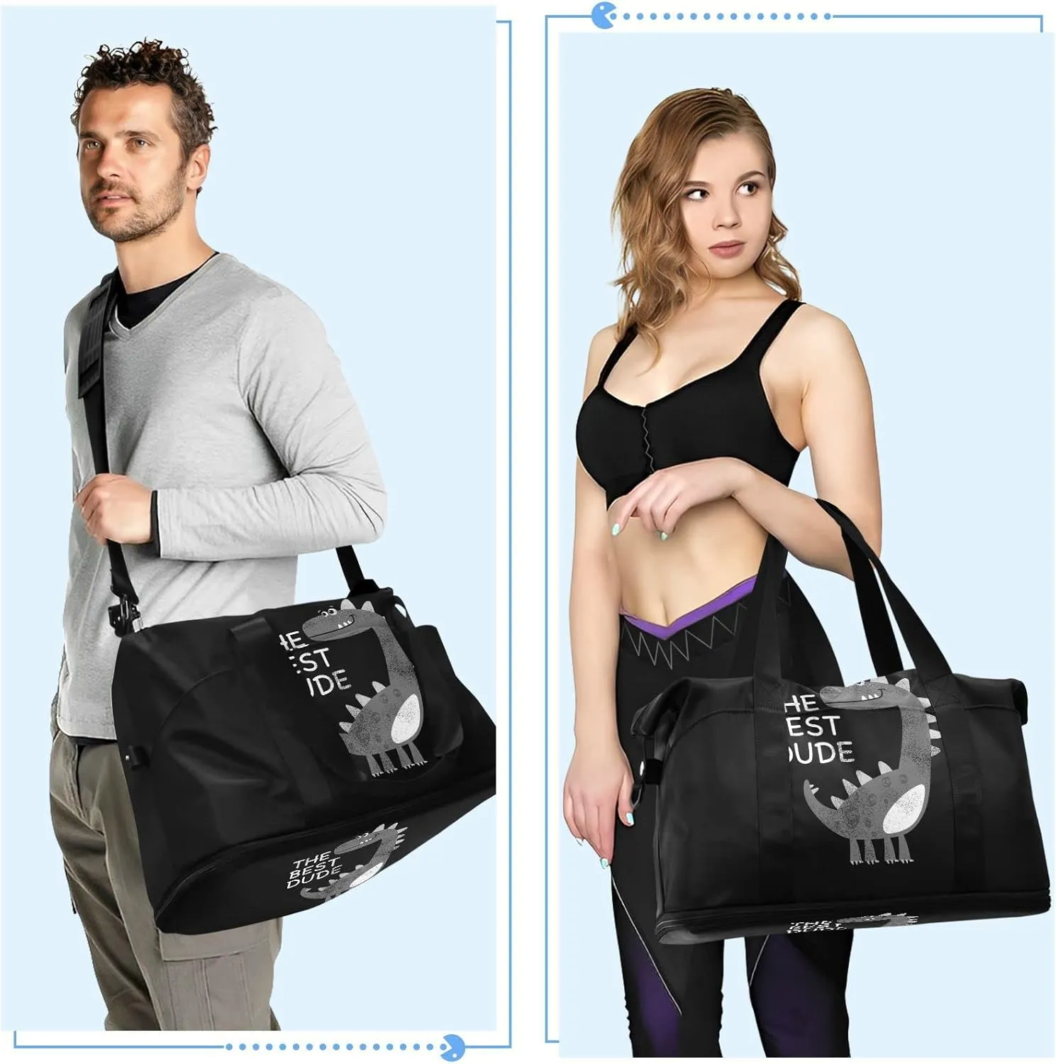 Animal Dinosaur The Best Dude on Black Dark Gym Duffel Bag, Polyester Travel Weekender Luggage Handbag with Waterproof Pocket for Wet Items, Unisex Foldable Tote for Sports