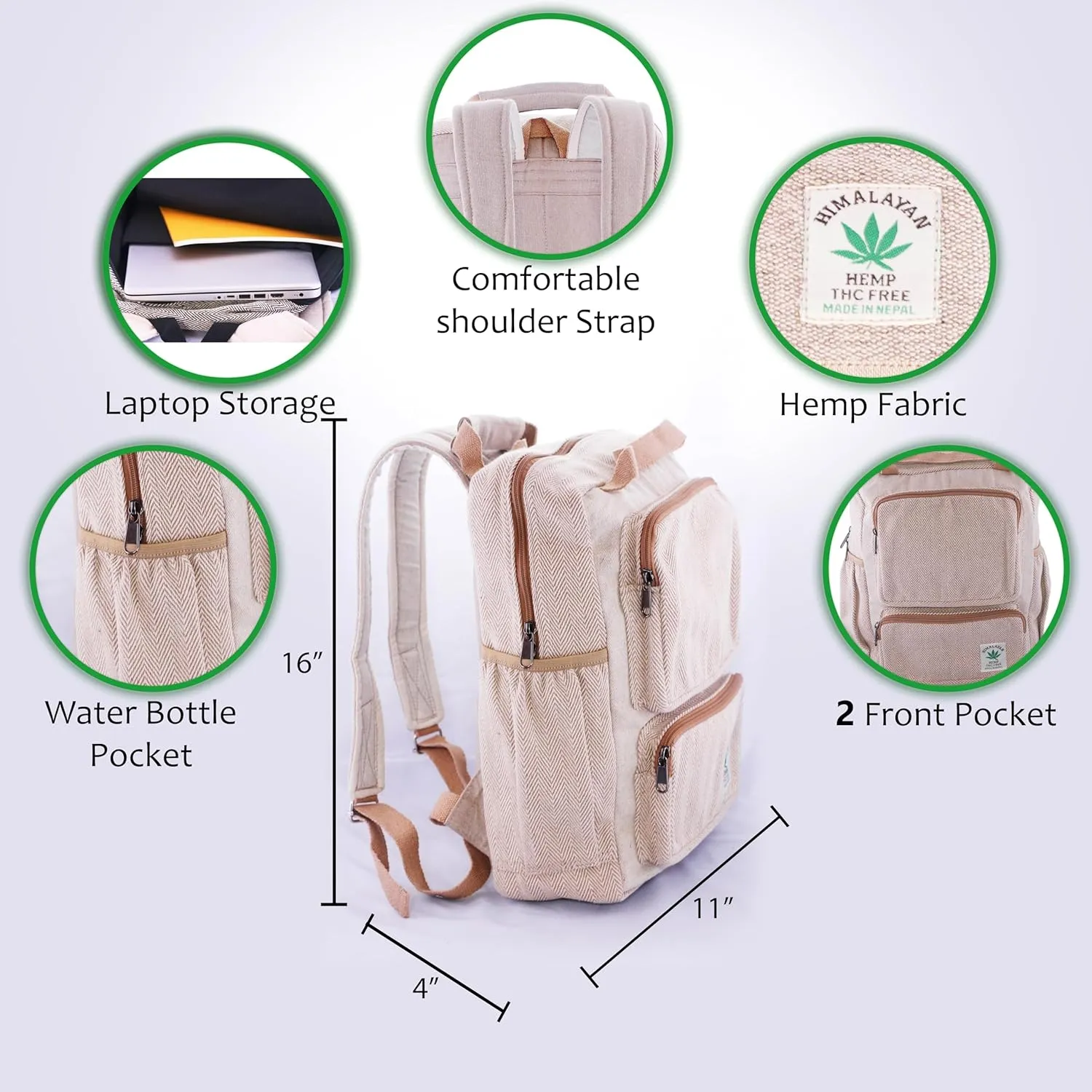Anitya Hemp Backpack, Multi-Functional Pockets, Eco-Friendly, Unisex, Hiking Daypack, Durable Rucksack (AHLB05)