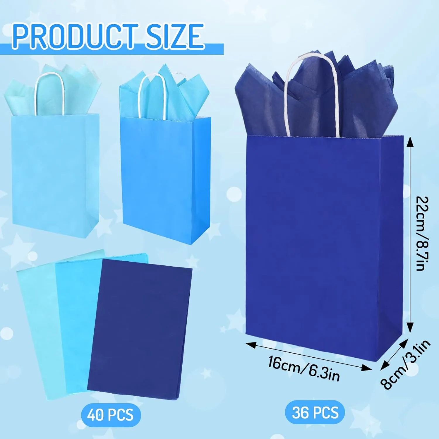 AnyDesign 36 Pack Mother's Day Gift Bags Winter Gradient Blue Paper Bag 3 Colors Party Favor Bag with Handles and Tissue Paper Wrapping Bag for Baby Shower Birthday Party Supply, 6.3 x 3.1 x 8.7 In