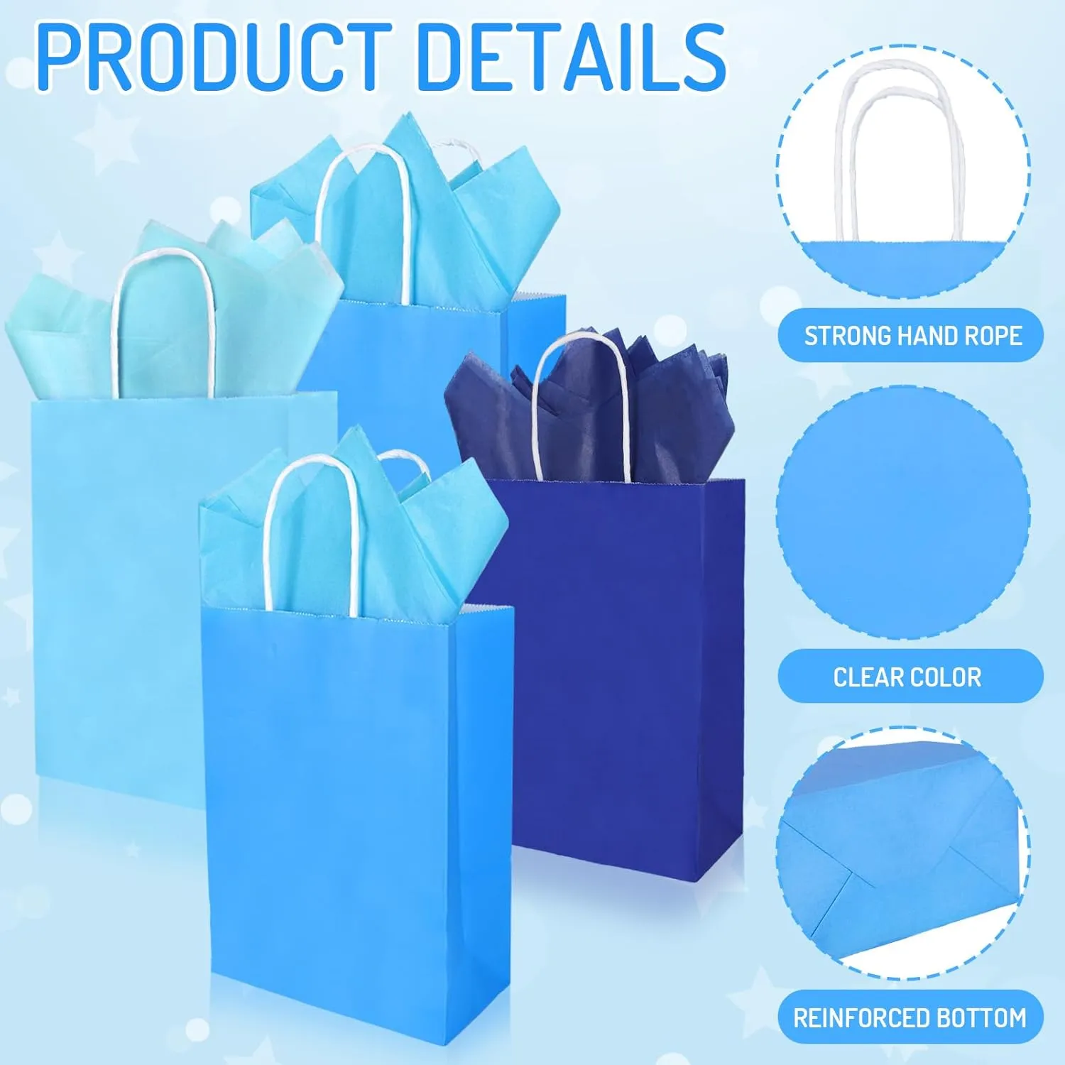 AnyDesign 36 Pack Mother's Day Gift Bags Winter Gradient Blue Paper Bag 3 Colors Party Favor Bag with Handles and Tissue Paper Wrapping Bag for Baby Shower Birthday Party Supply, 6.3 x 3.1 x 8.7 In