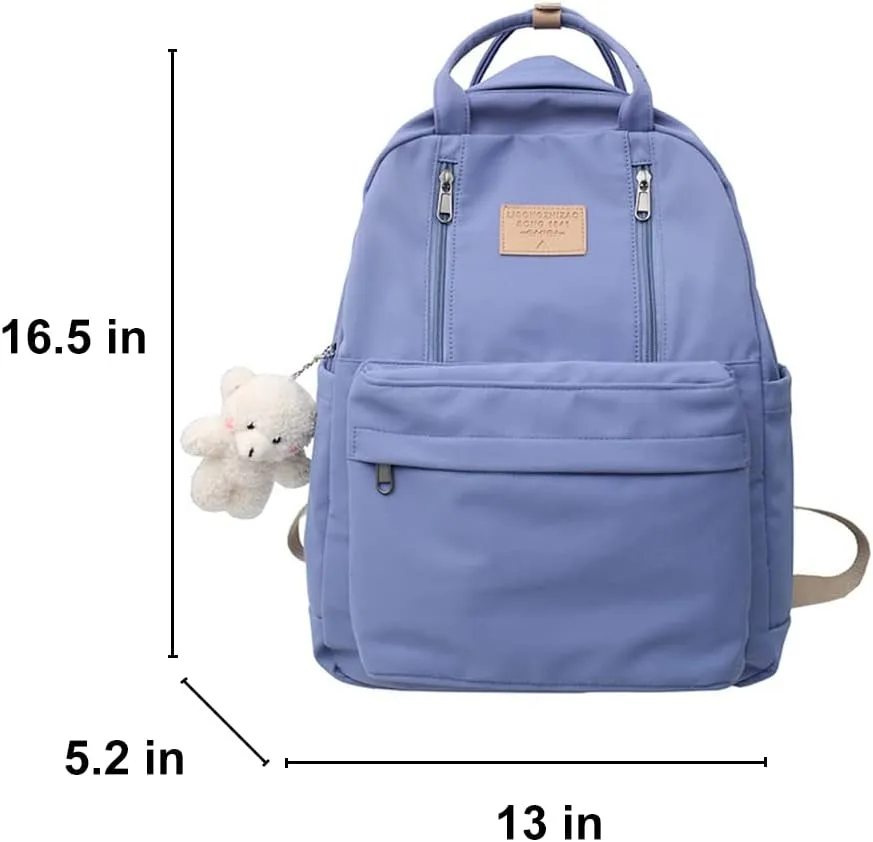 AONUOWE Preppy Backpack with Plushies Cute Backpack for Teen Girls Light Academia Bookbags Solid Aesthetic School Bag (Blue)