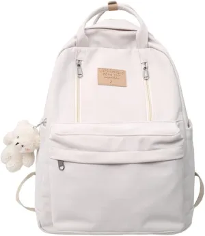 AONUOWE Preppy Backpack with Plushies Cute Backpack for Teen Girls Light Academia Bookbags Solid Aesthetic School Bag (White)