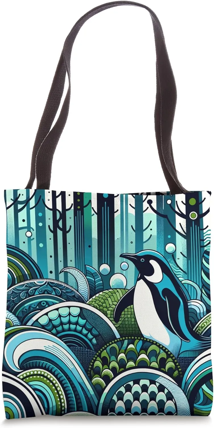 Aqua Navy Blue Green Penguin Forest Abstract Oceanic Pattern Tote Bag
