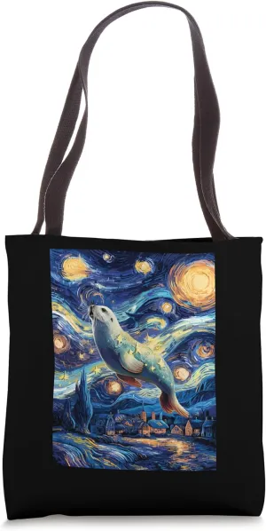 Artistic Seal Sea Lion Van Gogh Style Starry Nigh Sea Lions Tote Bag