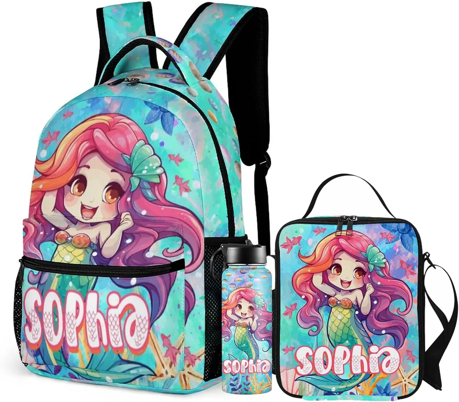Artsadd Personalized Backpack for Girls Kids Lunch Bag Box Sets Custom Name School Bag for Preschool Kindergarten Elementary Back to School Gift for Daughter