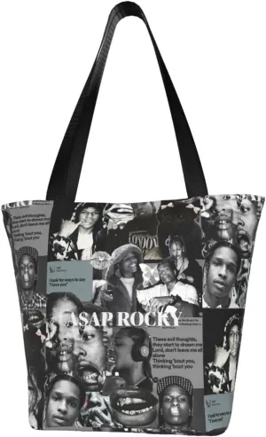 Asap Music Rocky Reusable Grocery Bag for Kitchen Shopping Handbag Tote Bags with Zipper Unisex Beautiful Shoulder Bag Daily Bags for Indoor