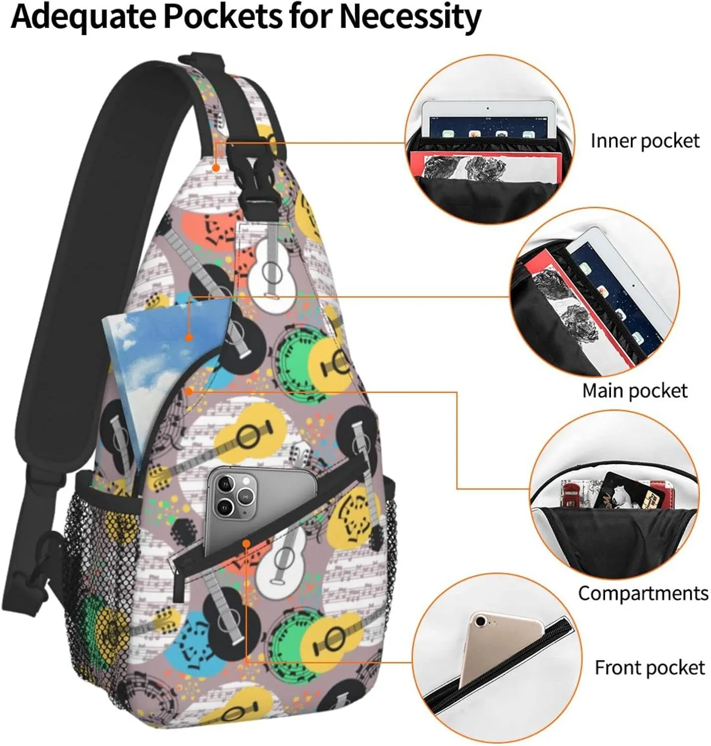 ASYG Guitar Sling Bag Music Notes Crossbody Chest Daypack Casual Backpack Music Shoulder Bag For Travel Picnic
