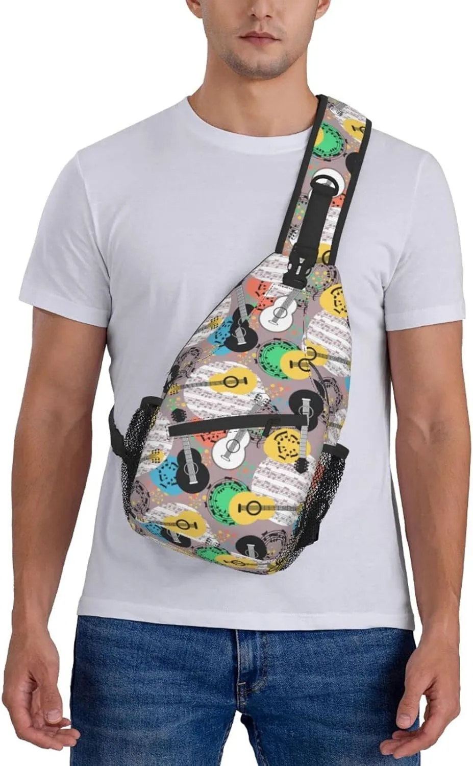 ASYG Guitar Sling Bag Music Notes Crossbody Chest Daypack Casual Backpack Music Shoulder Bag For Travel Picnic