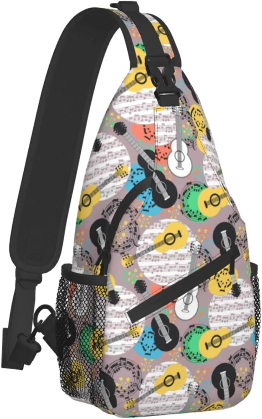 ASYG Guitar Sling Bag Music Notes Crossbody Chest Daypack Casual Backpack Music Shoulder Bag For Travel Picnic