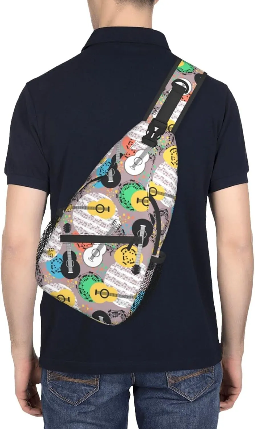 ASYG Guitar Sling Bag Music Notes Crossbody Chest Daypack Casual Backpack Music Shoulder Bag For Travel Picnic
