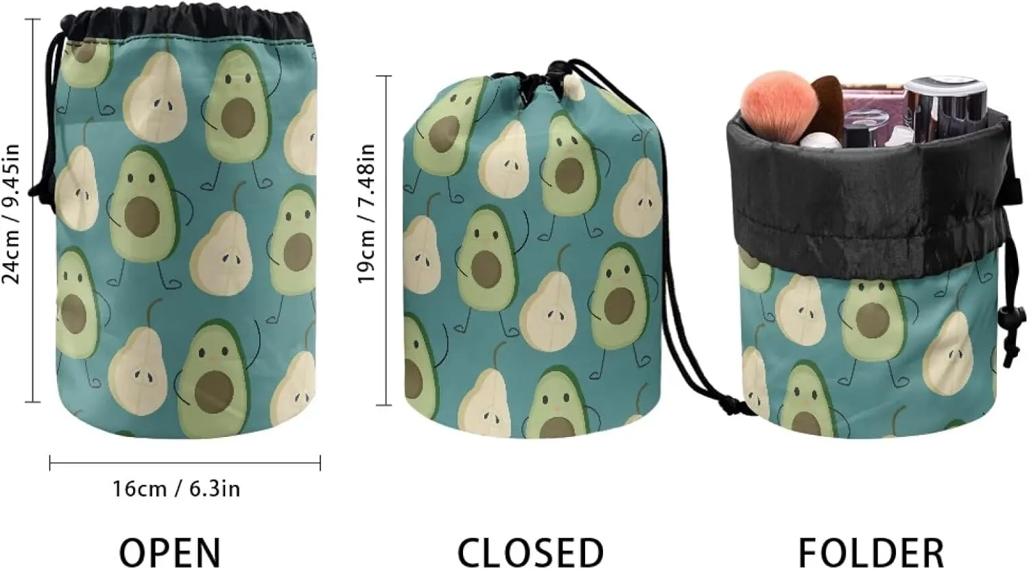 Avocado and Pear drawstring makeup bag opens flat travel essentials lay and go makeup bag with drawstring collapsible makeup bag travel makeup bag round travel cosmetic bag