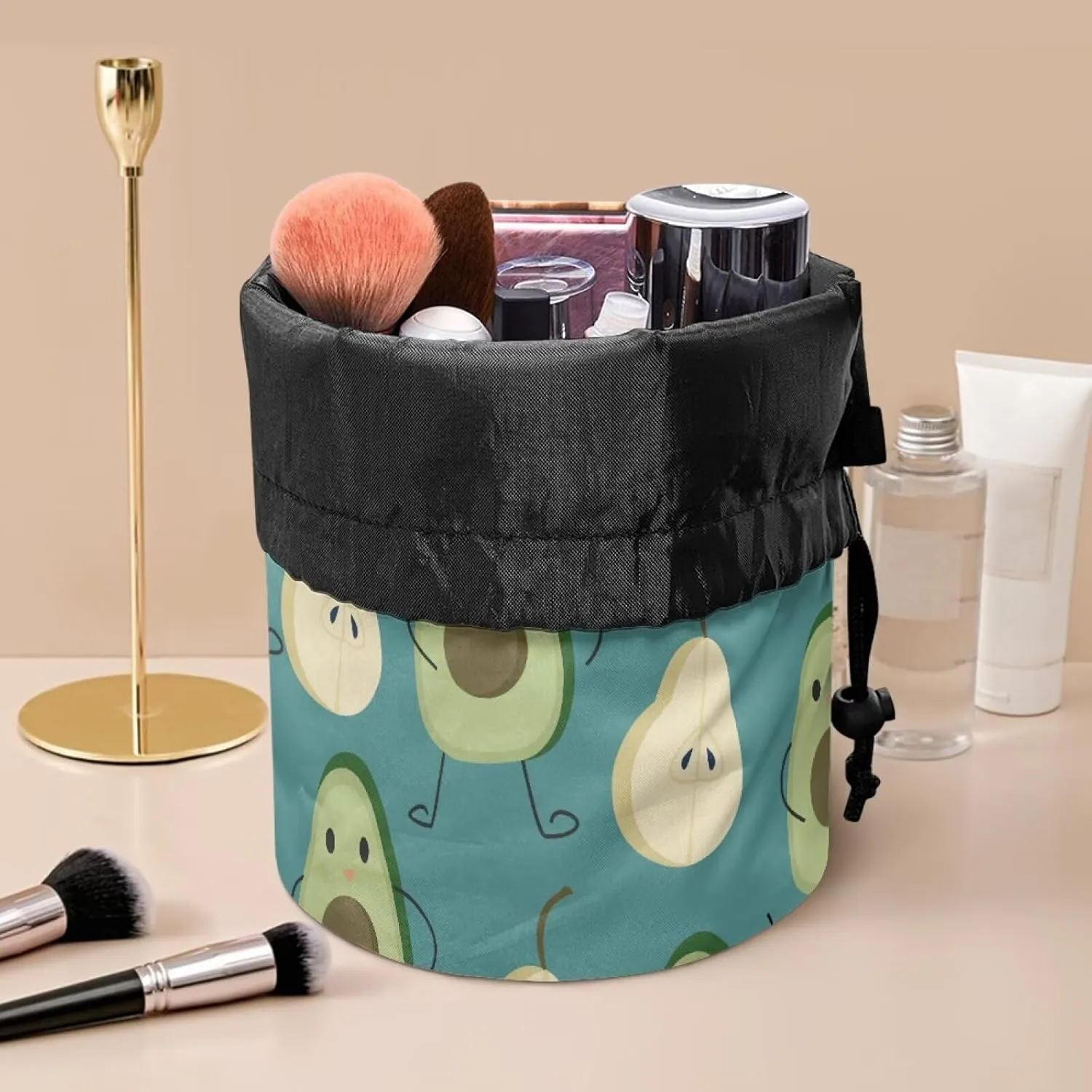 Avocado and Pear drawstring makeup bag opens flat travel essentials lay and go makeup bag with drawstring collapsible makeup bag travel makeup bag round travel cosmetic bag