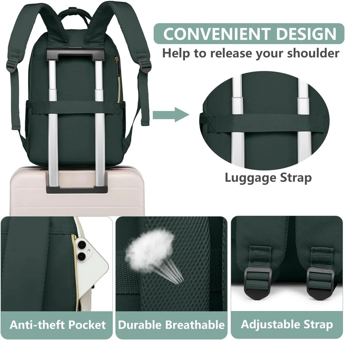 Backpack for Women laptop Bag - Laptop Backpack with USB Charger Travel Business Computer Backpack DARK GREEN