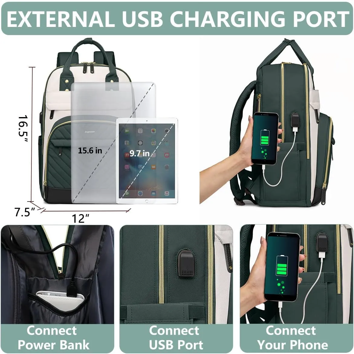 Backpack for Women laptop Bag - Laptop Backpack with USB Charger Travel Business Computer Backpack DARK GREEN