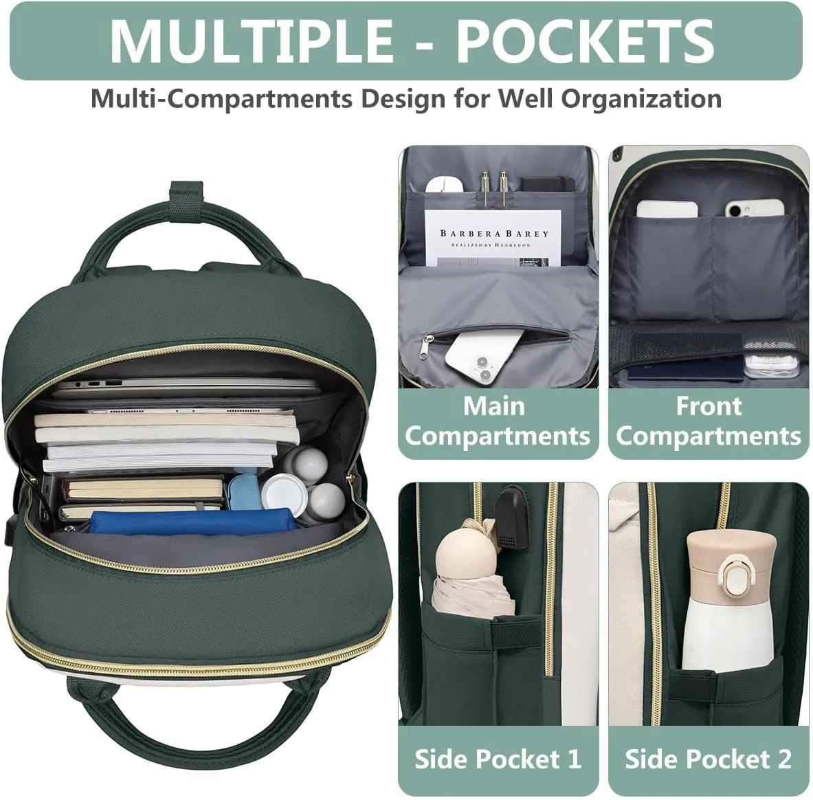 Backpack for Women laptop Bag - Laptop Backpack with USB Charger Travel Business Computer Backpack DARK GREEN