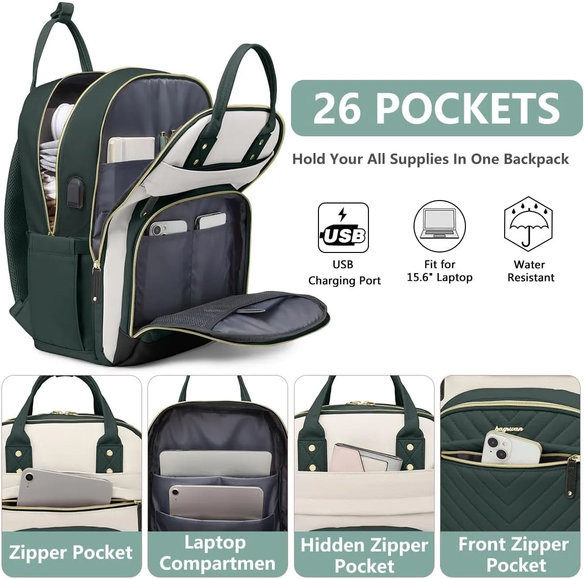 Backpack for Women laptop Bag - Laptop Backpack with USB Charger Travel Business Computer Backpack DARK GREEN