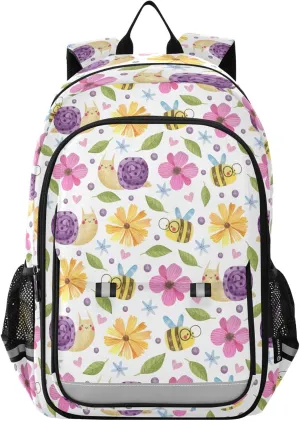 Backpack Snails Bees Spring Flowers School Shoulder Bag Lightweight Laptop Backpack Student Casual Travel Daypack