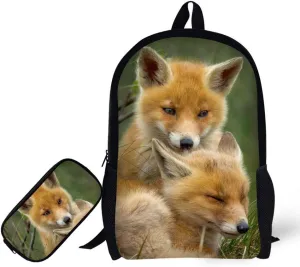 Backpack with Pencil Bag, Animal 3D Fox Pattern for Age 6-15 Years Old Kids Boys Girls