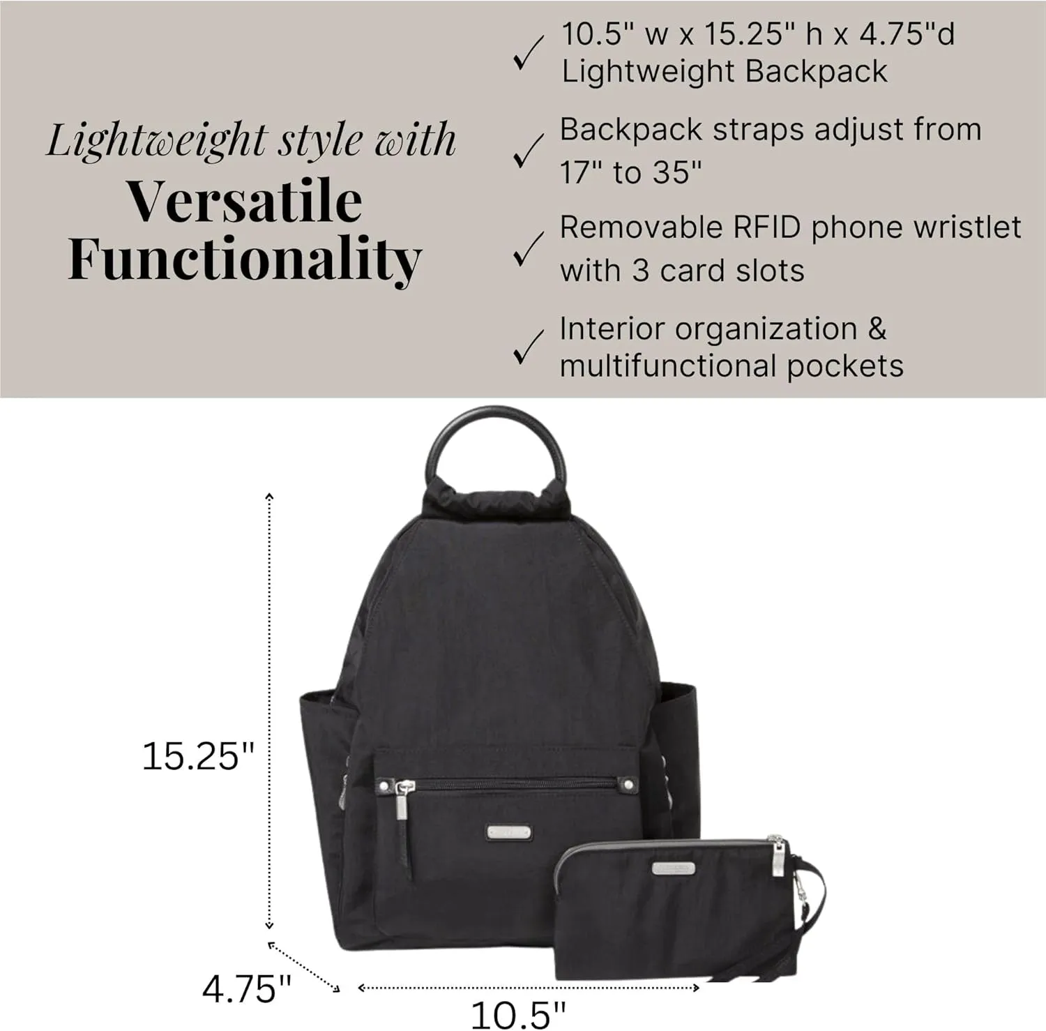 Baggallini womens New Classic Heritage With Rfid Phone Wristlet All Day Backpack, Black, One Size US