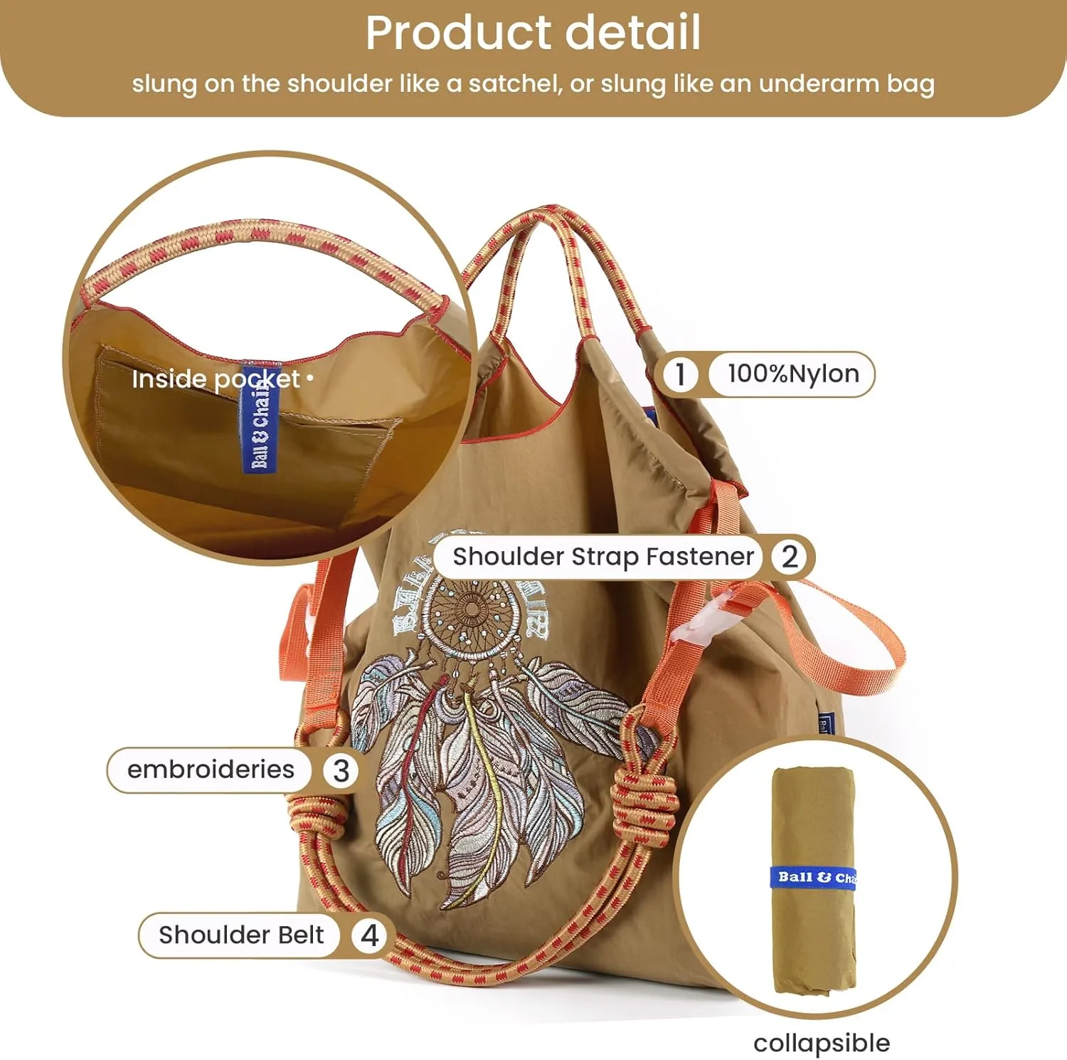 Ball&Chain Embroidery Initial Nylon Tote Bag,Personalized Present Suitable for Travel,Beach,is a Great Gift Women, Mom