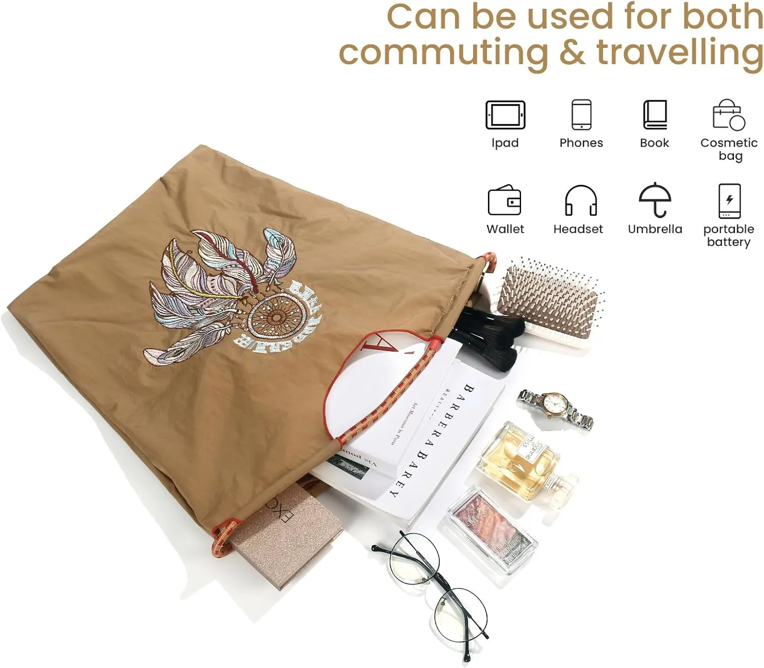 Ball&Chain Embroidery Initial Nylon Tote Bag,Personalized Present Suitable for Travel,Beach,is a Great Gift Women, Mom