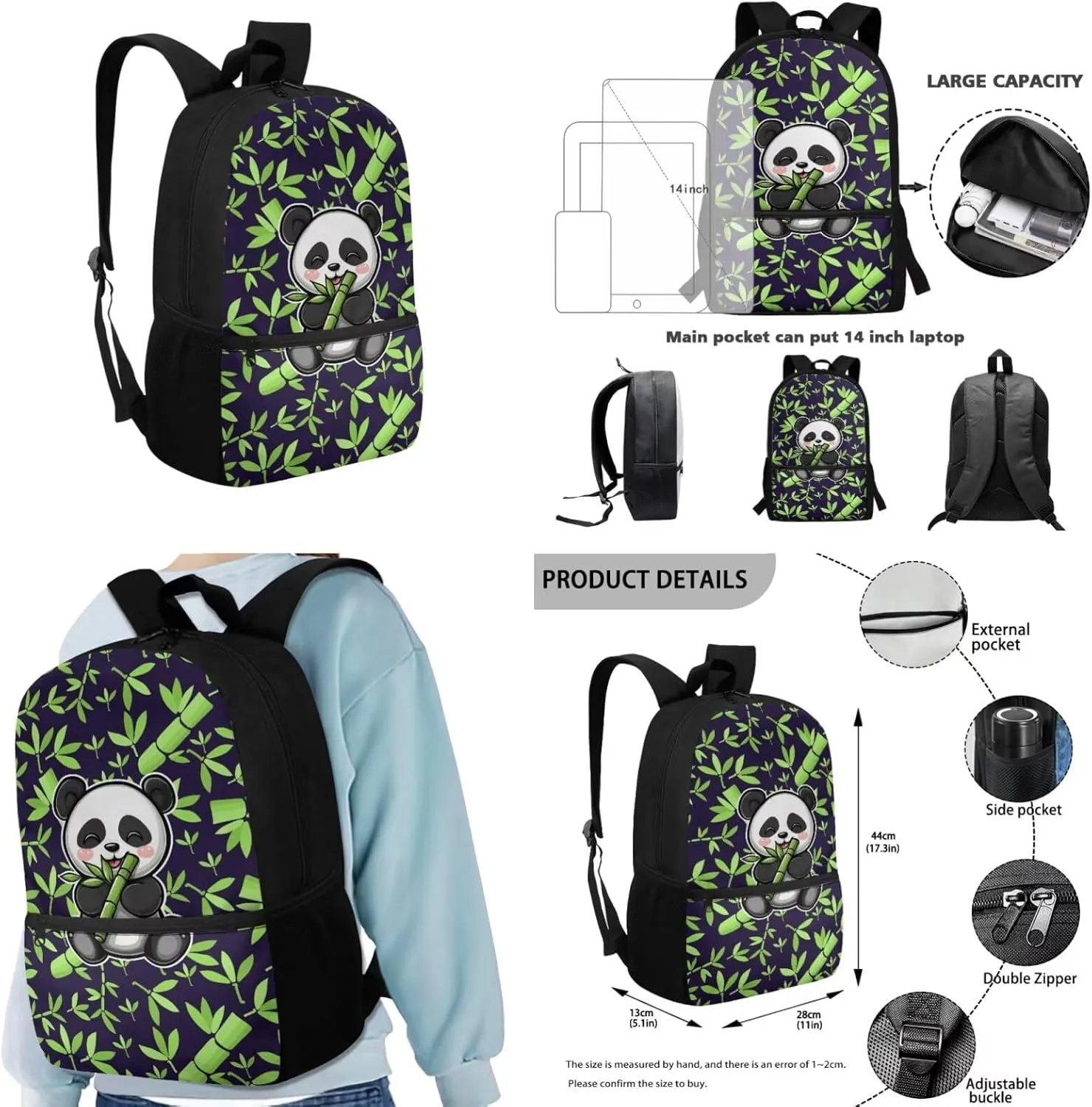 Bamboo Panda Junior High School Backpack for Girls 7Th School Bookbag with Pencil Case Rucksack for Teens Child Back To School 17 Inch Backpack 4Pcs Set Bookbag