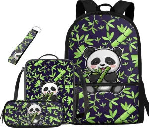 Bamboo Panda Junior High School Backpack for Girls 7Th School Bookbag with Pencil Case Rucksack for Teens Child Back To School 17 Inch Backpack 4Pcs Set Bookbag