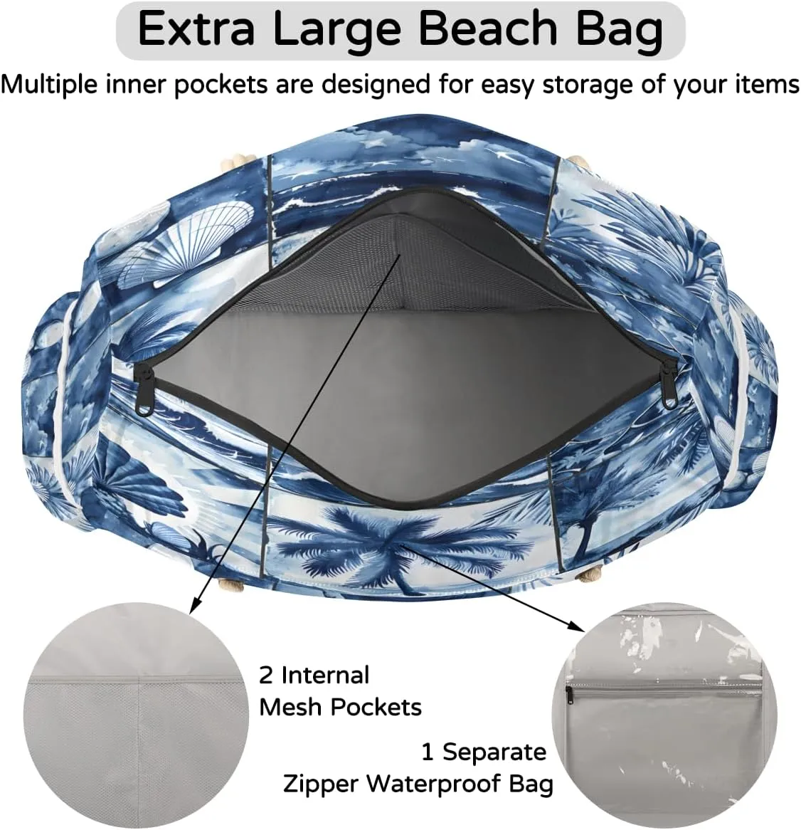 Beach Bags for Women, Large Waterproof Beach Tote Bag for Gym Grocery Travel