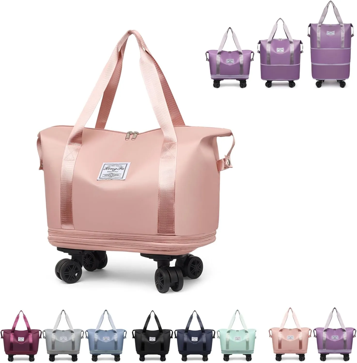 Beente Travel Bag with Wheels, Kulken Travel Bag with Removable Wheels, Universal Wheel Removable, Expandable Foldable (Pink)