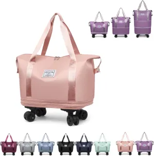Beente Travel Bag with Wheels, Kulken Travel Bag with Removable Wheels, Universal Wheel Removable, Expandable Foldable (Pink)