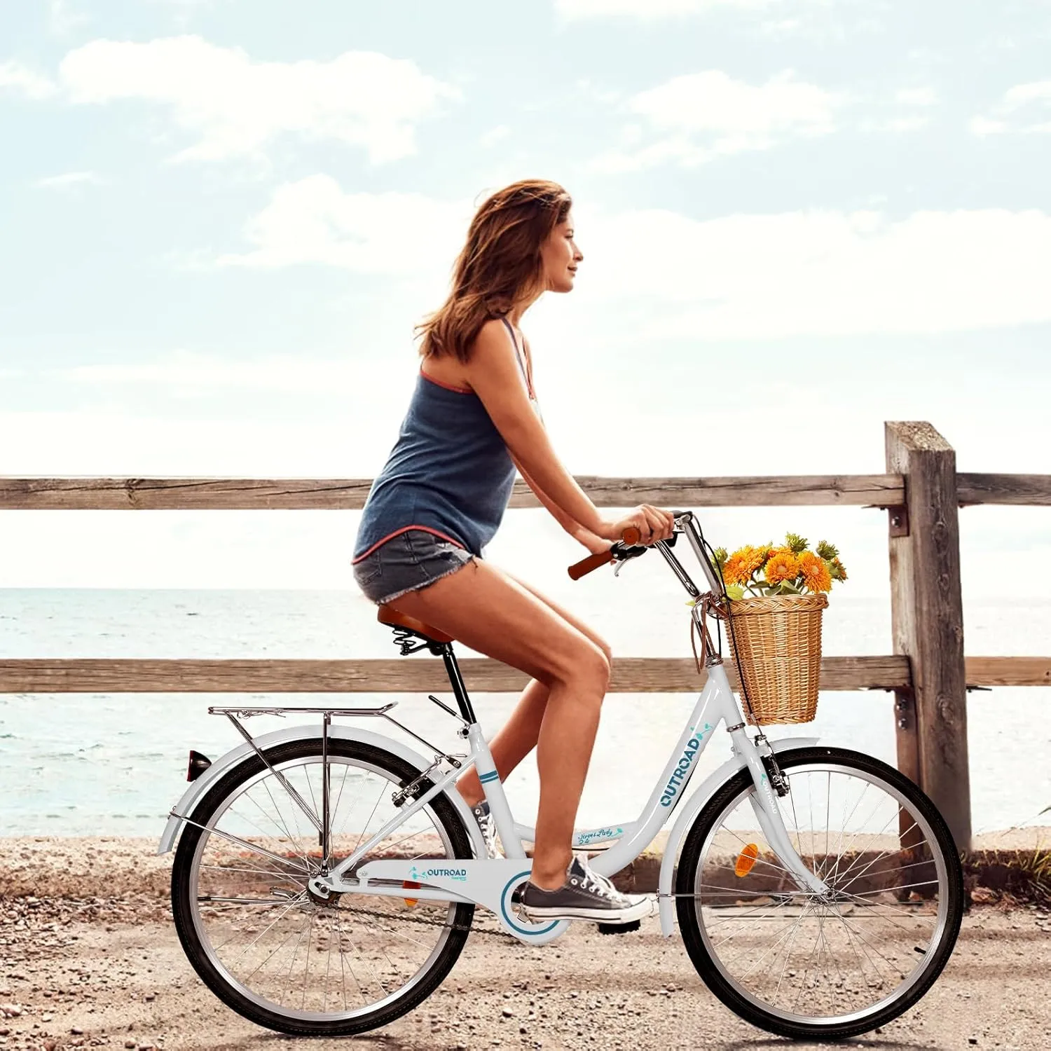 Betterland Beach Cruiser Bike for Women, 24/26 Inch Female Commute Bike, 1 Speed Women Bicycle with Basket, Dual V-Brake, Adjustable Seat, Woman City Bike