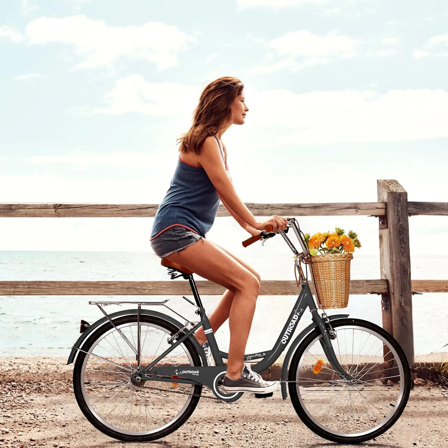 Betterland Beach Cruiser Bike for Women, 24/26 Inch Female Commute Bike, 1 Speed Women Bicycle with Basket, Dual V-Brake, Adjustable Seat, Woman City Bike