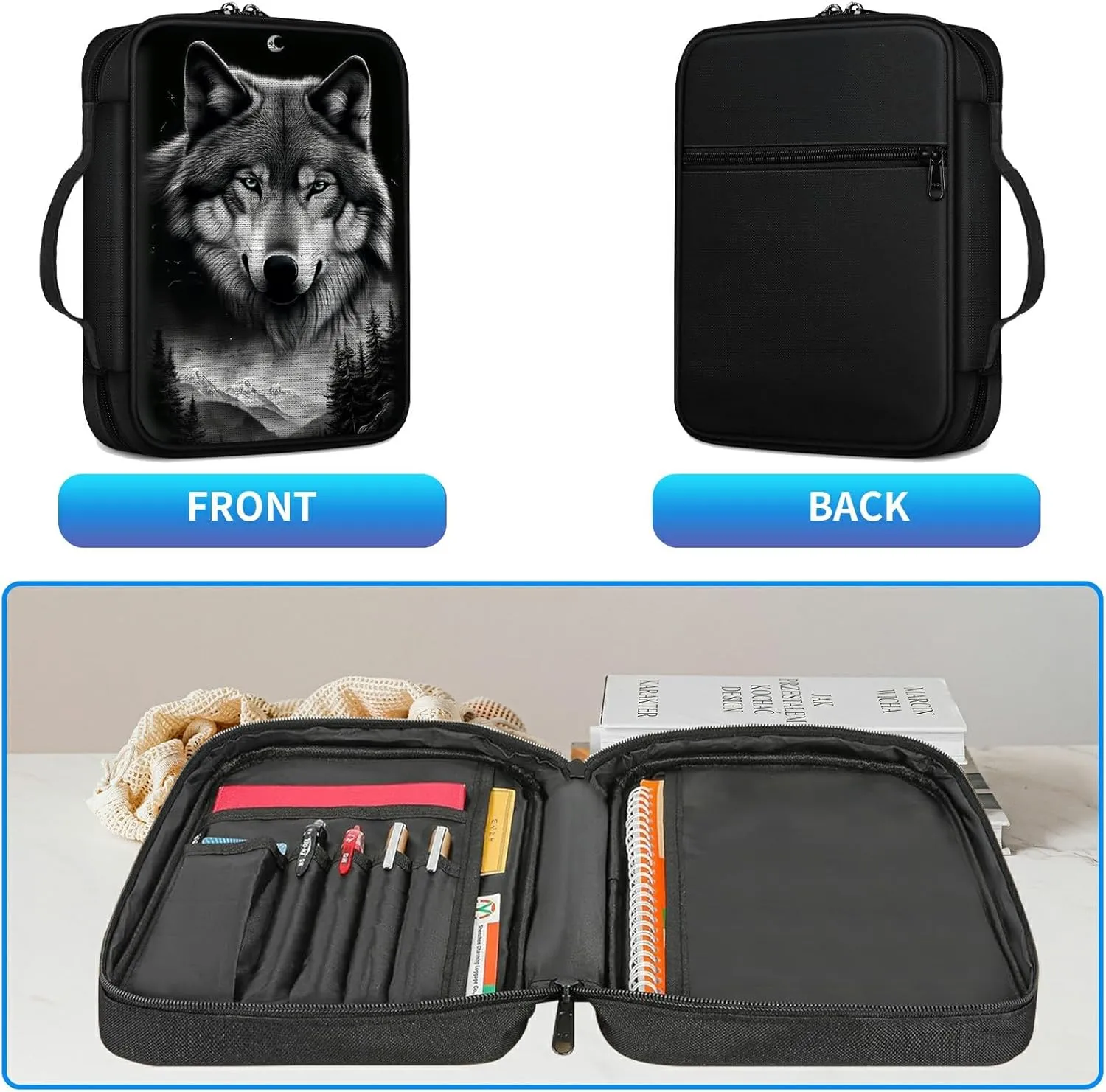 Bible Cover Case for Women, Mountain Wolf Bible Church Bag with Handle and Zippered Pocket - Fits Standard & Large Size Study Bible Protector