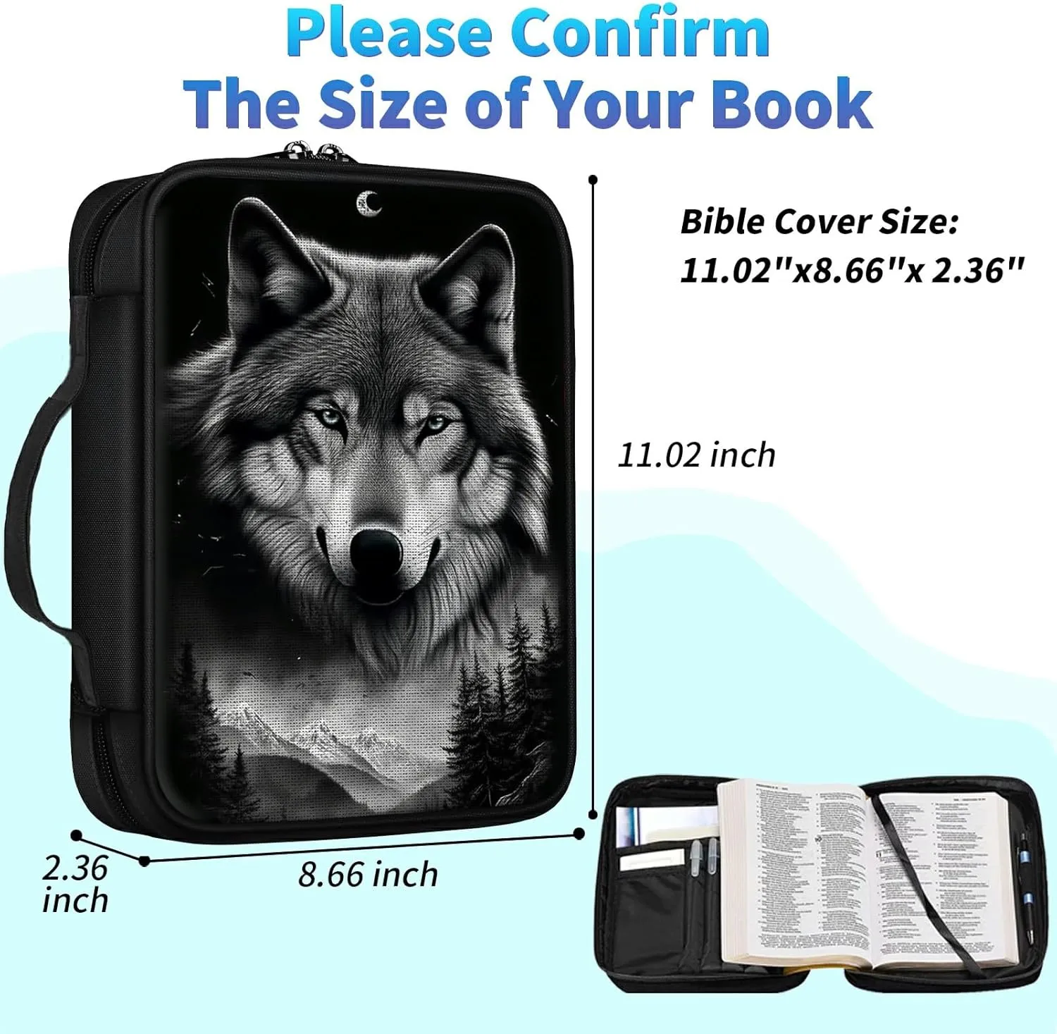 Bible Cover Case for Women, Mountain Wolf Bible Church Bag with Handle and Zippered Pocket - Fits Standard & Large Size Study Bible Protector