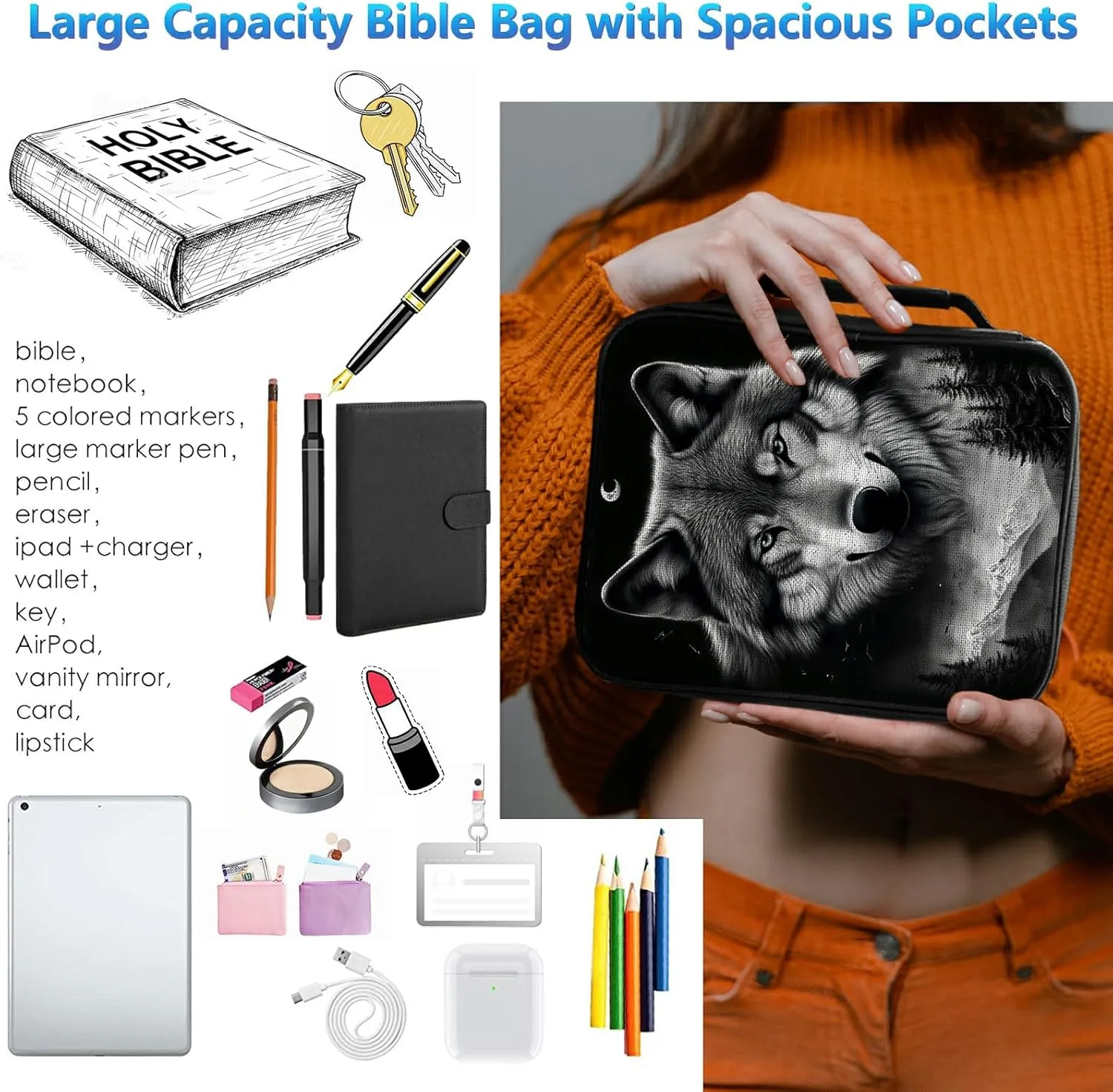 Bible Cover Case for Women, Mountain Wolf Bible Church Bag with Handle and Zippered Pocket - Fits Standard & Large Size Study Bible Protector