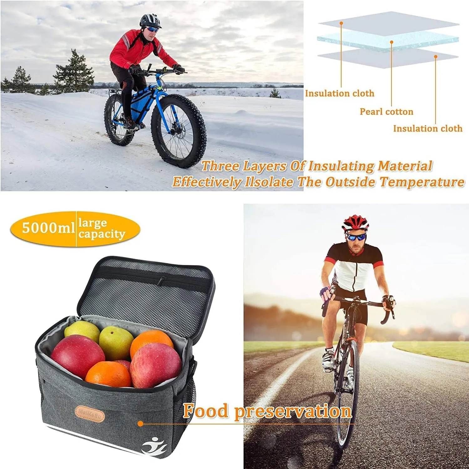 Bike Handlebar Bag with Touch Screen Phone Holder, Waterproof Front Basket, Insulated Cooler Lunch Bag