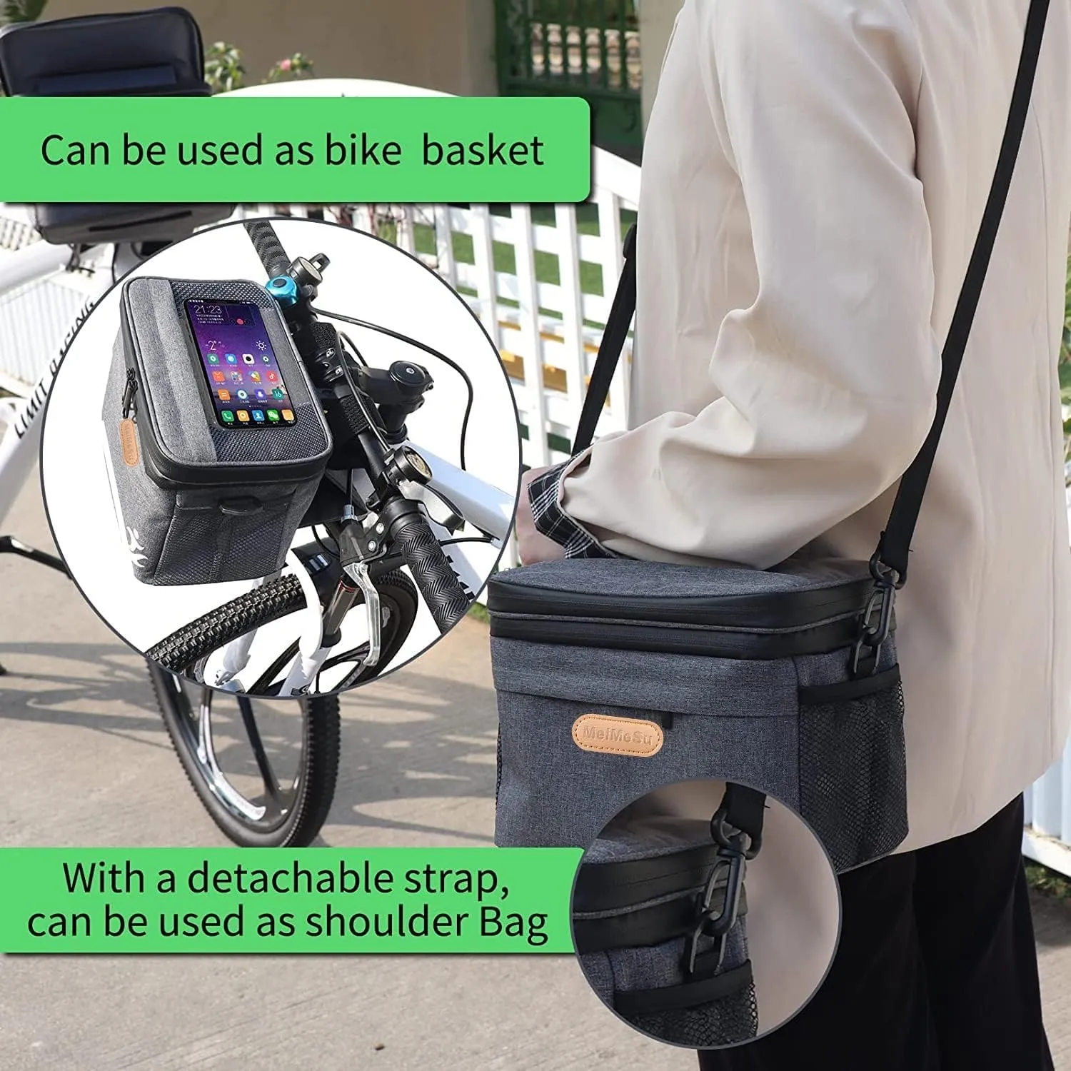 Bike Handlebar Bag with Touch Screen Phone Holder, Waterproof Front Basket, Insulated Cooler Lunch Bag