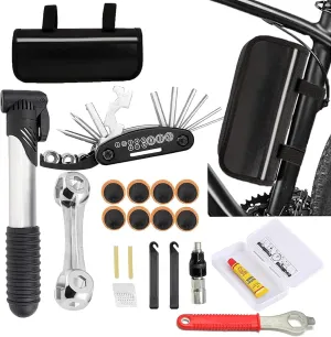 Bike Tyre Repair Tool Kit -Bicycle Tire Patch Kit with Mini Bike Pump 10-in-1 Multi-Tool with Tyre Levers &Tire Patch,Bone Wrench,1 Portable Bag
