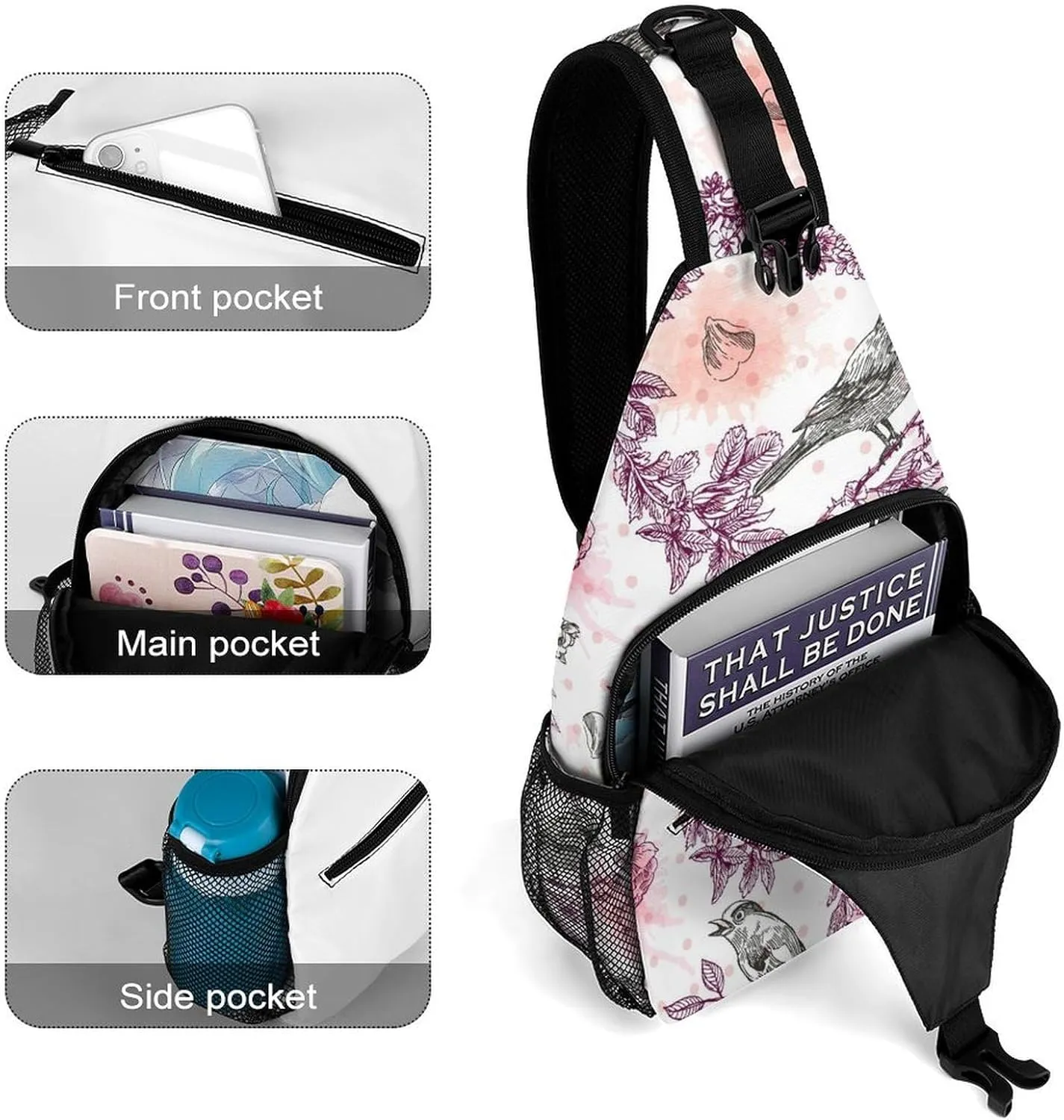 Bird-flower Crossbody Sling Bag for Women Men Travel Chest Bag, Cycling Shoulder Backpack