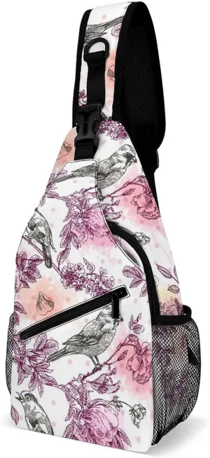 Bird-flower Crossbody Sling Bag for Women Men Travel Chest Bag, Cycling Shoulder Backpack