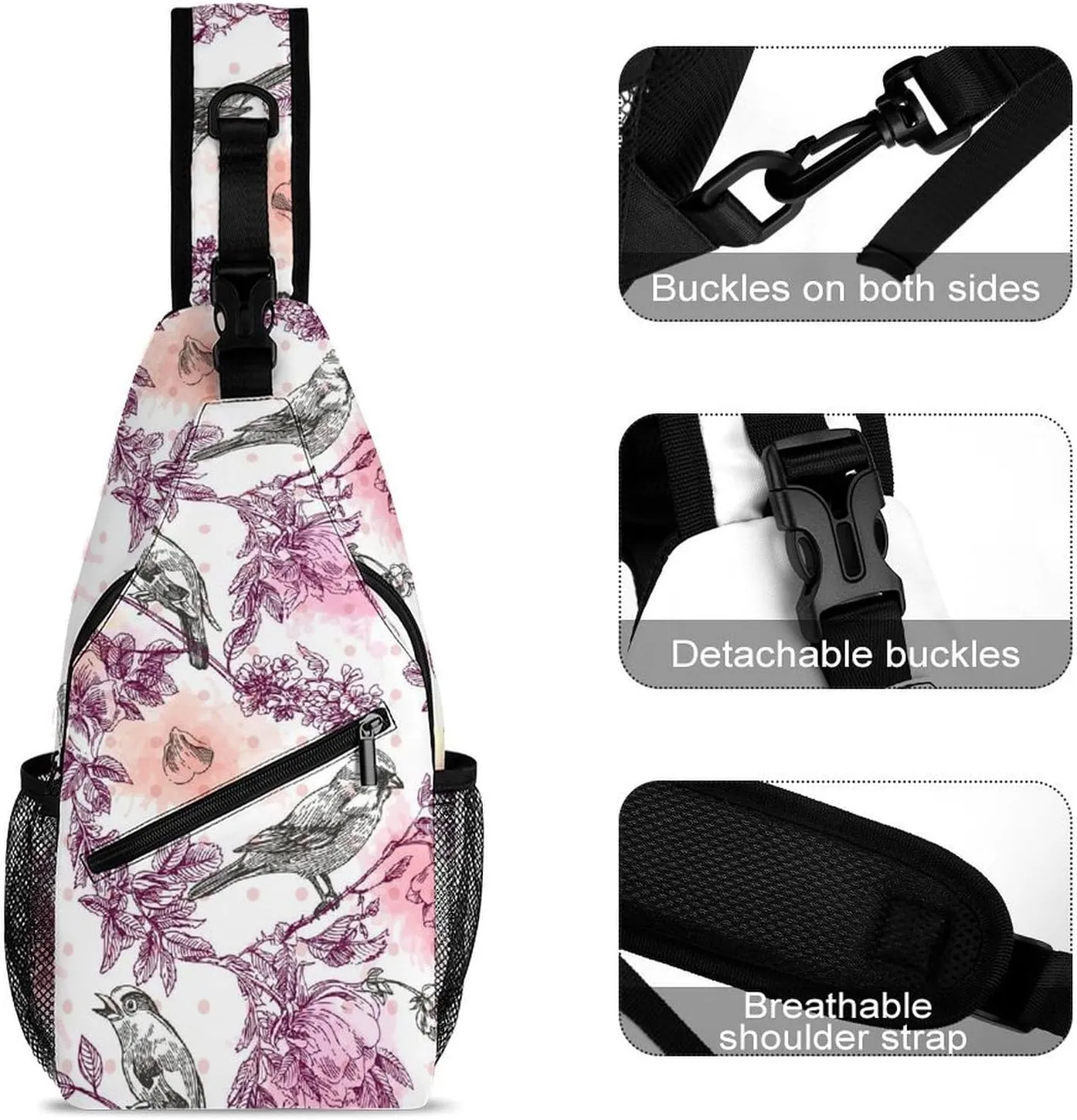 Bird-flower Crossbody Sling Bag for Women Men Travel Chest Bag, Cycling Shoulder Backpack