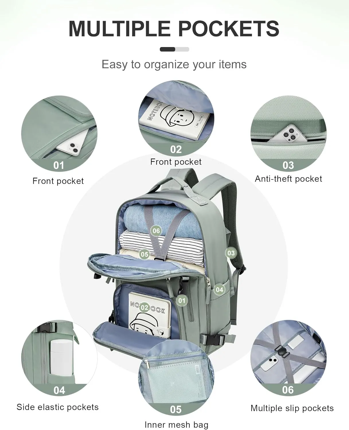 BJLFS Large Travel Backpack for Women Men,Carry On Backpack,Hiking Backpack Waterproof Outdoor Sports Rucksack Casual Daypack Travel Essentials（simple, Army green）