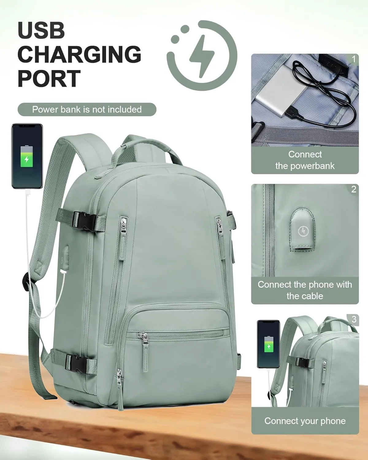 BJLFS Large Travel Backpack for Women Men,Carry On Backpack,Hiking Backpack Waterproof Outdoor Sports Rucksack Casual Daypack Travel Essentials（simple, Army green）