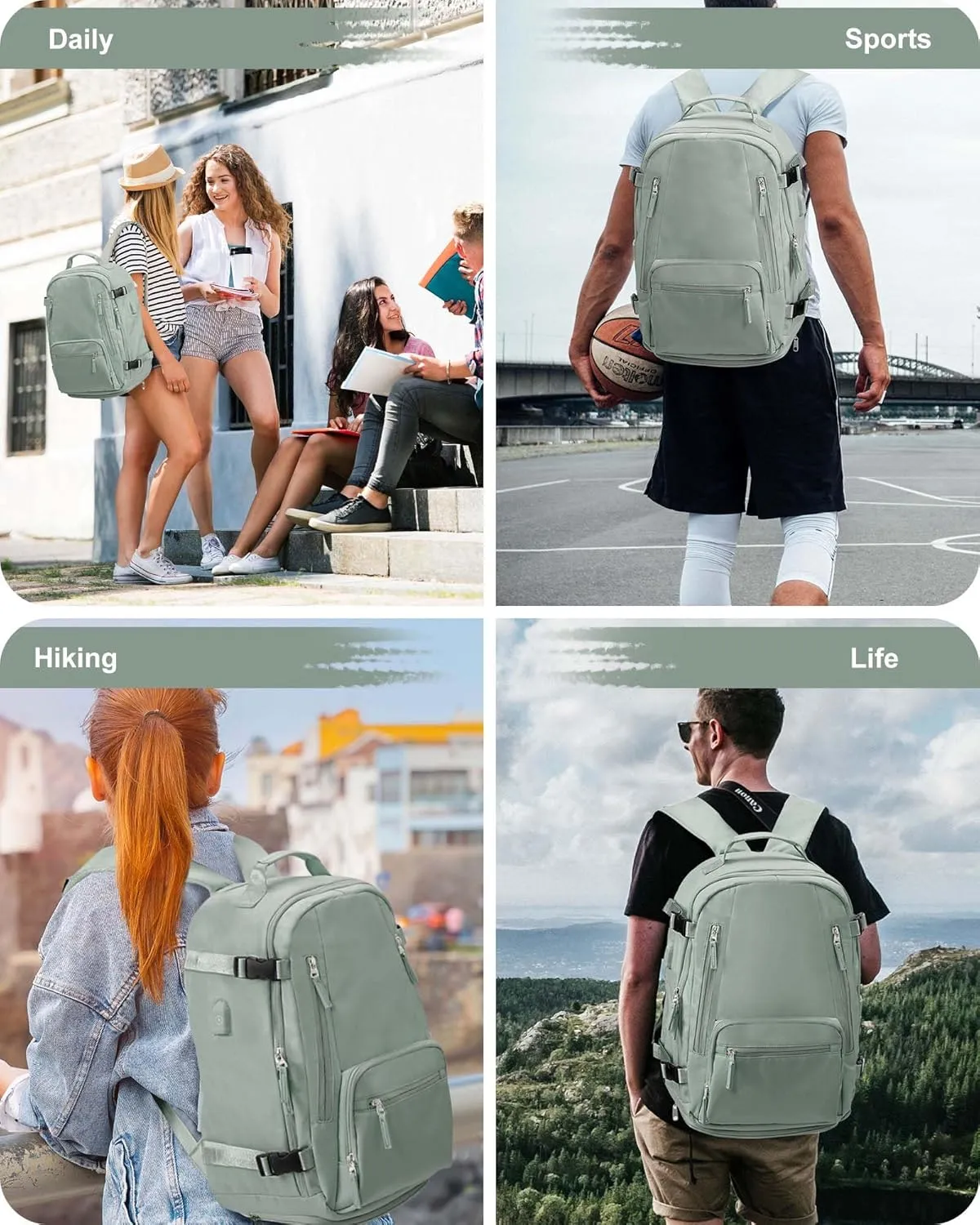 BJLFS Large Travel Backpack for Women Men,Carry On Backpack,Hiking Backpack Waterproof Outdoor Sports Rucksack Casual Daypack Travel Essentials（simple, Army green）