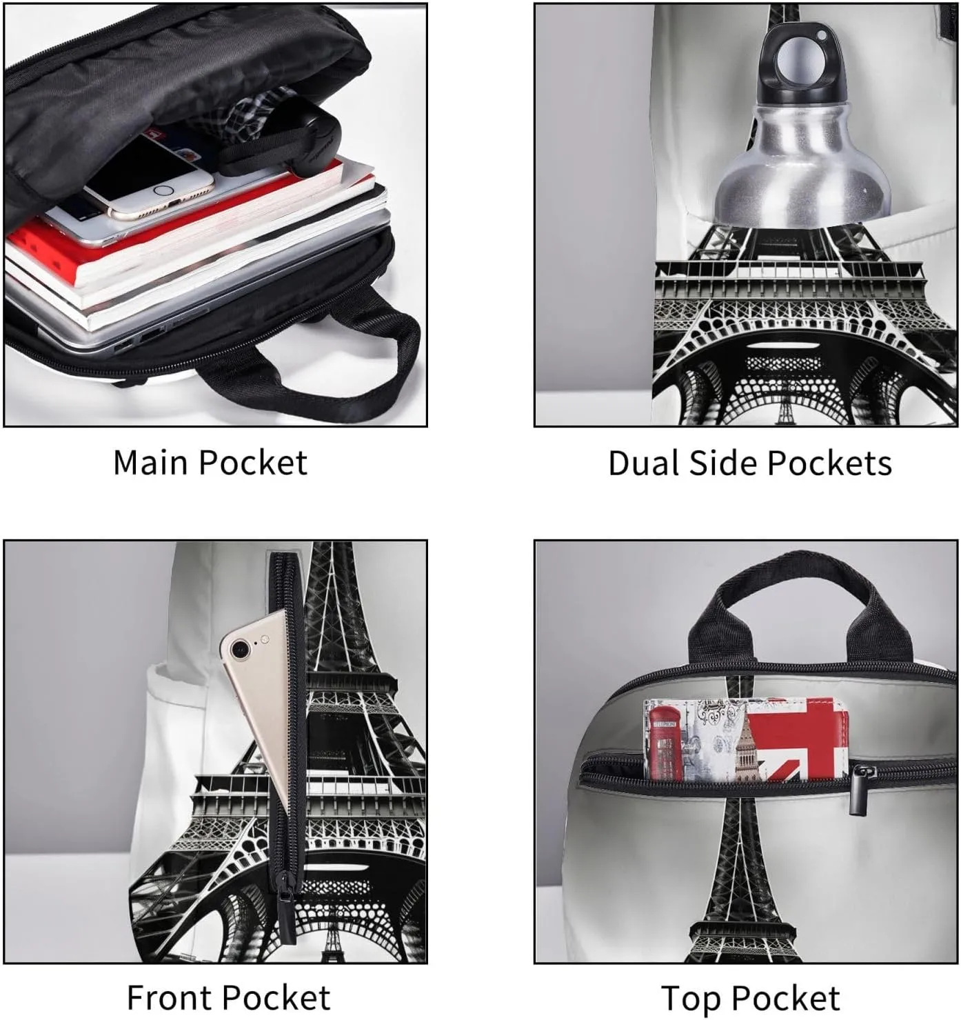 Black Paris Eiffel Tower print Lightweight Laptop Backpack Travel Daypack Bookbag for Women Men for Travel Work