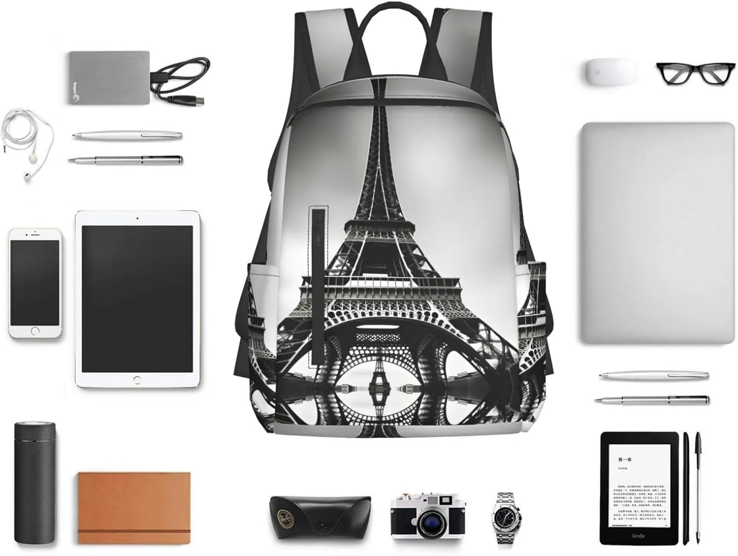 Black Paris Eiffel Tower print Lightweight Laptop Backpack Travel Daypack Bookbag for Women Men for Travel Work